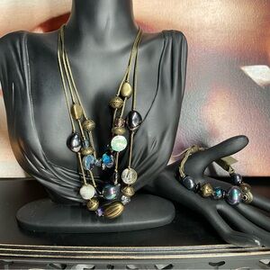 Chico's Signed Beaded Statement Necklace With Bracelet